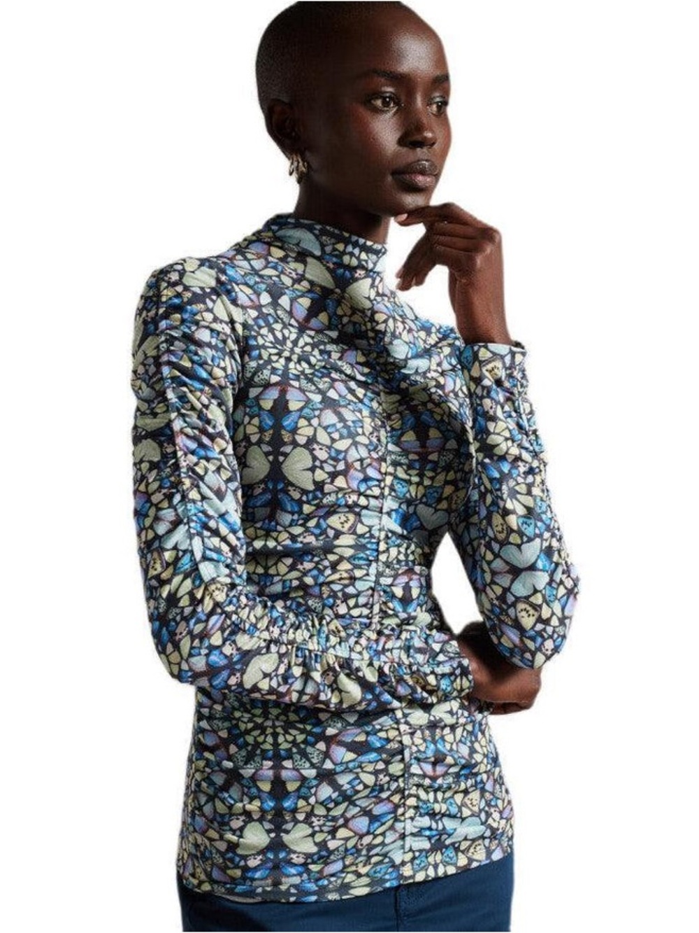 Ted Baker London Gianie Butterfly Fitted Ruched Printed Long Sleeve Top.